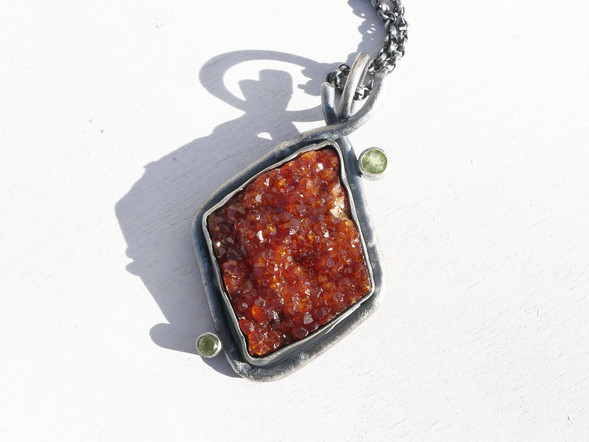 Large Spessartine garnet crystal druzy pendant with green peridot gemstones set in 100% sterling silver