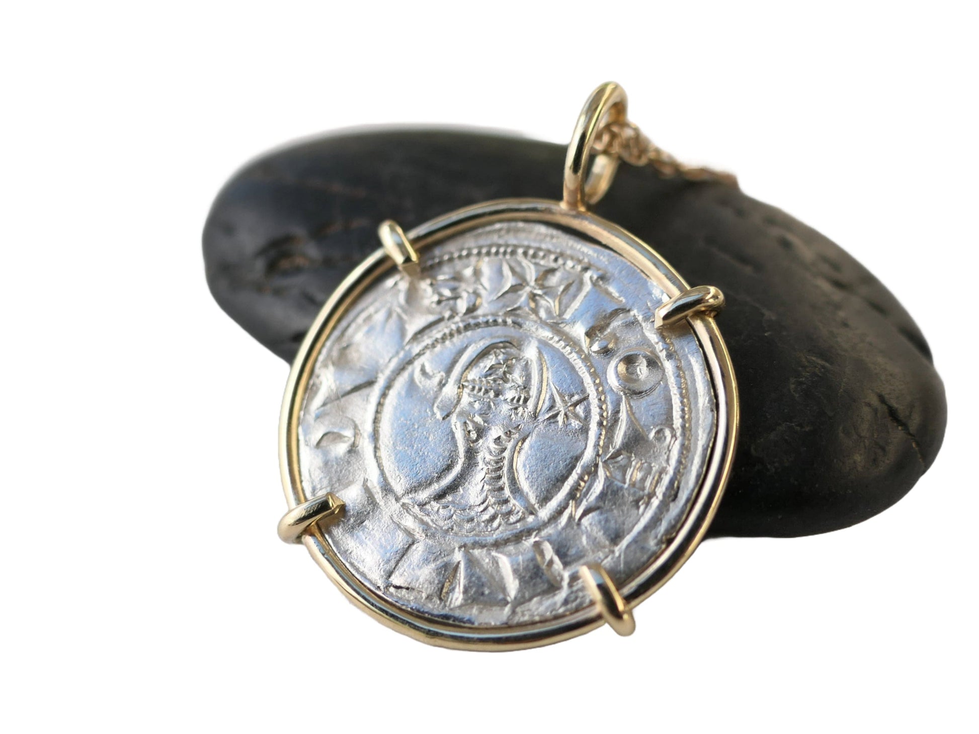 Medieval Crusader silver coin pendant in 14k yellow gold setting.