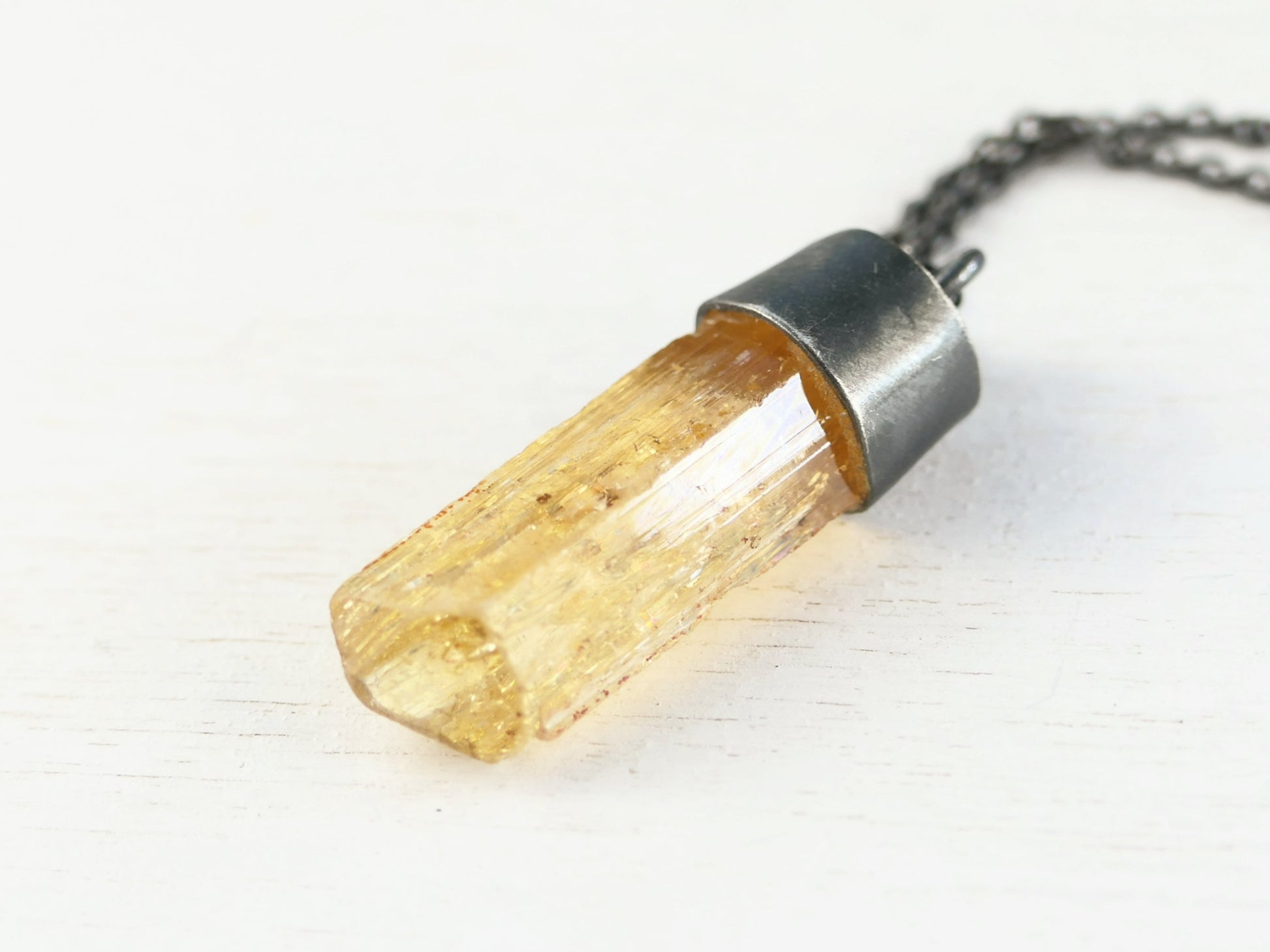 Raw Imperial Topaz pendant in black sterling silver, golden honey crystal necklace for men and women anniversary gift