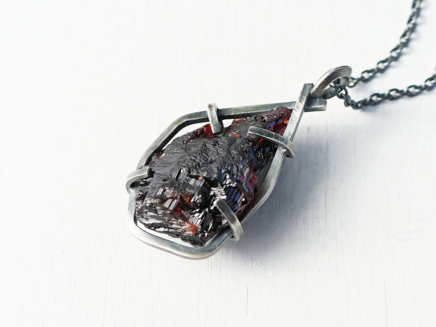 Large etched red garnet crystal pendant with sterling silver setting and optional black chain