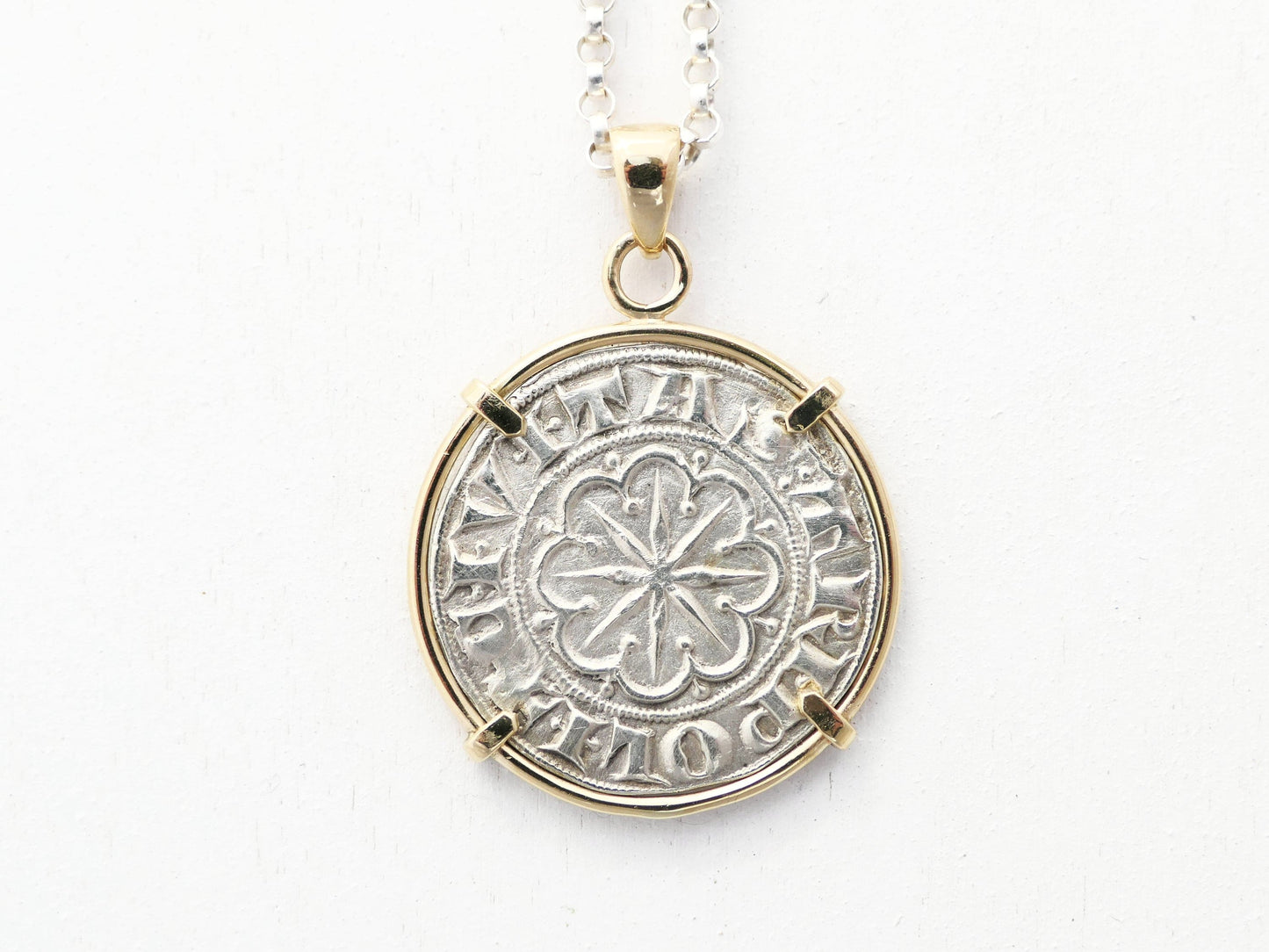 Handcrafted Crusader coin pendant set in 14k yellow gold with sterling silver chain.