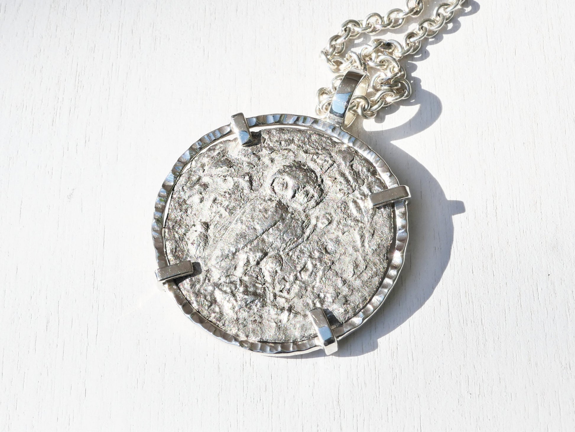 Authentic Ancient Owl of Athena Greek silver coin pendant with sterling silver setting