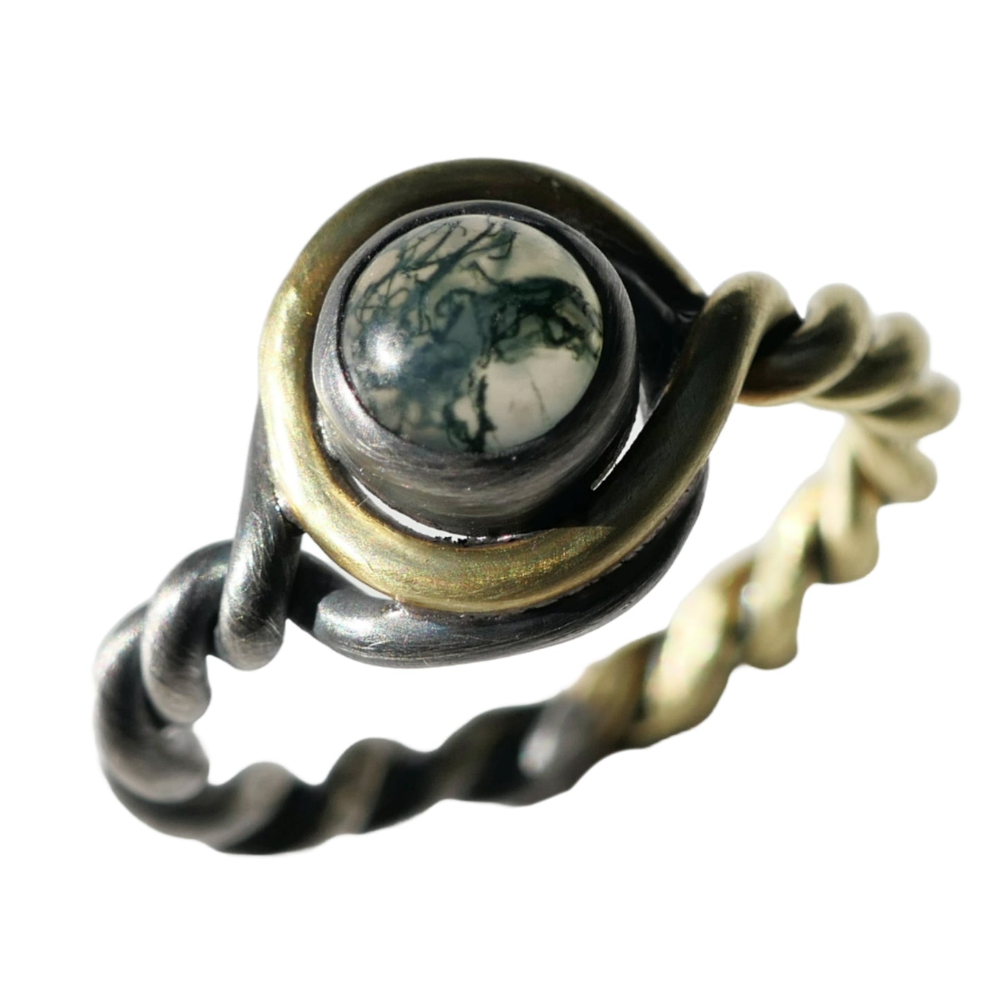 moss agate twisted band engagement ring