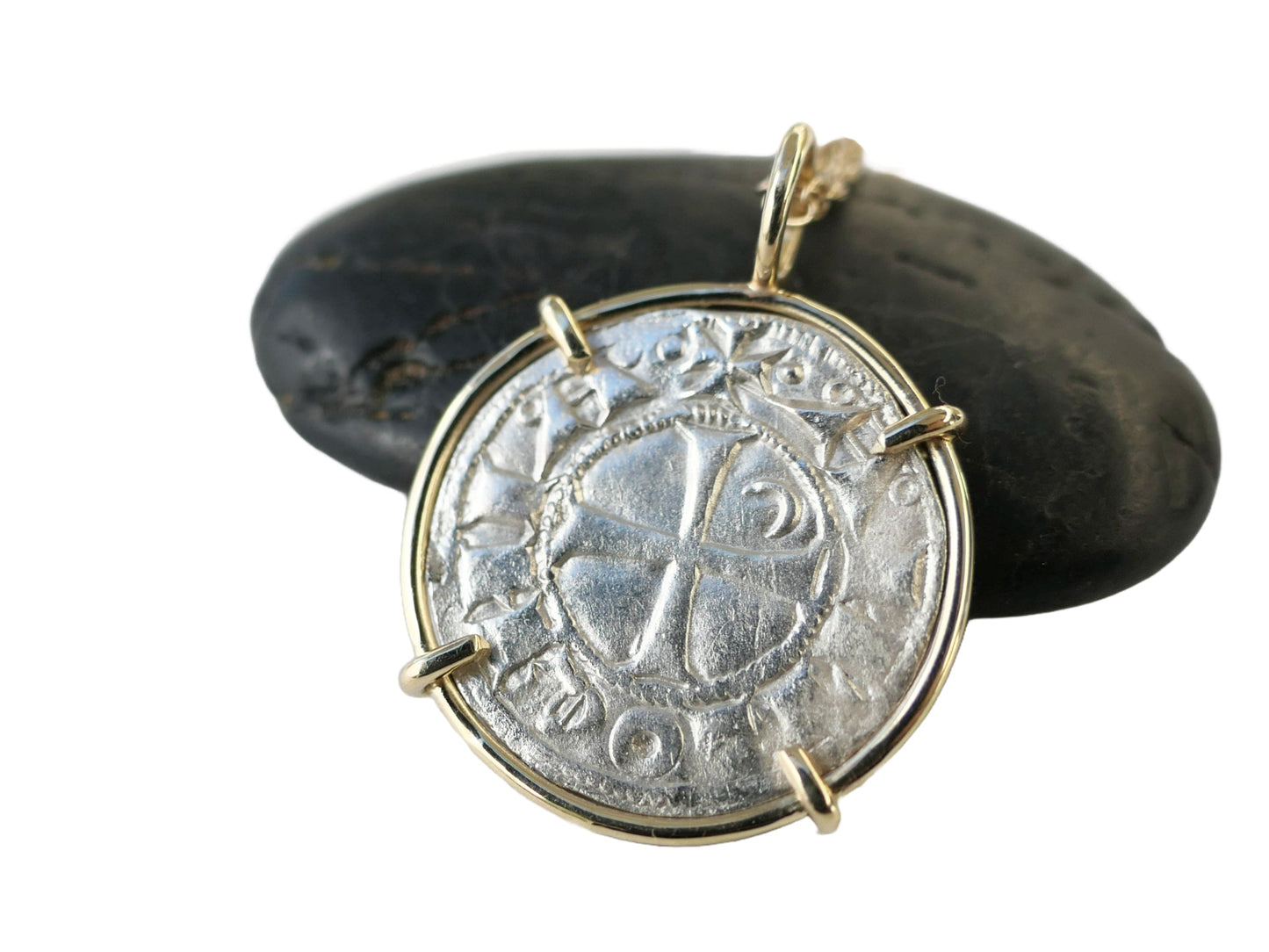 Medieval Crusader coin pendant in 14k yellow gold setting.