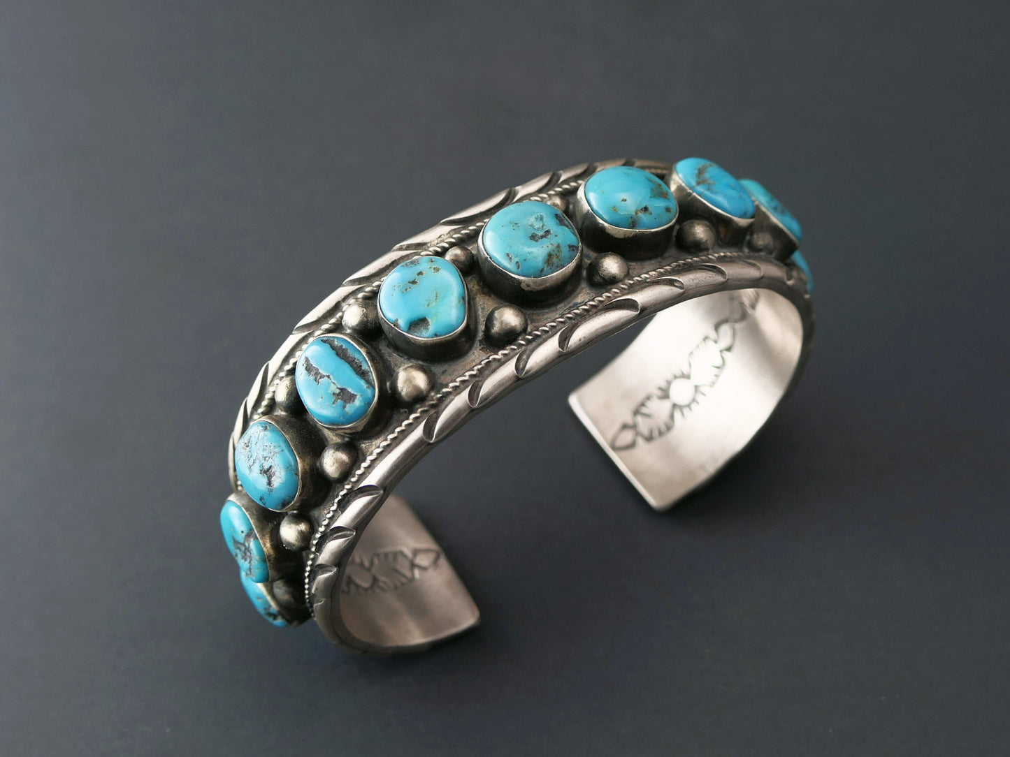Heavy Kingman Turquoise Cuff sterling silver Navajo men's cuff bracelet with 13 blue turquoise stones