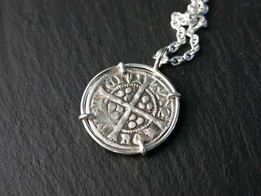 Edward I Coin Pendant featuring authentic medieval English silver penny in sterling silver setting