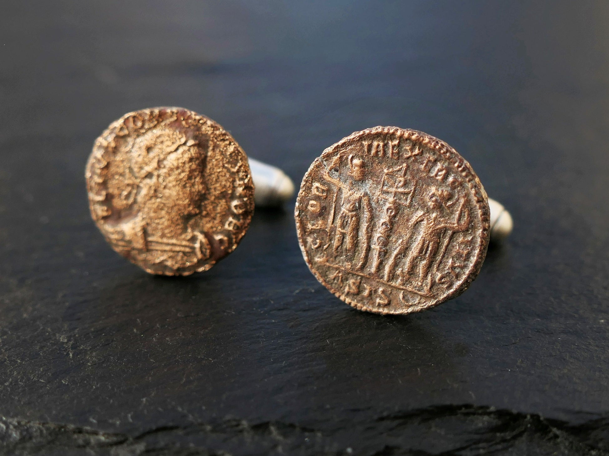 Ancient Roman coin cufflinks with Emperor Constans bronze coins and sterling silver bases