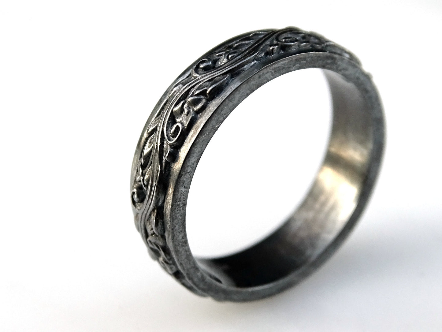 eternity ring, floral engagement ring black silver, black flower ring, pagan wedding ring, floral promise ring, flower eternity ring, unique gift for her - CrazyAss Jewelry Designs