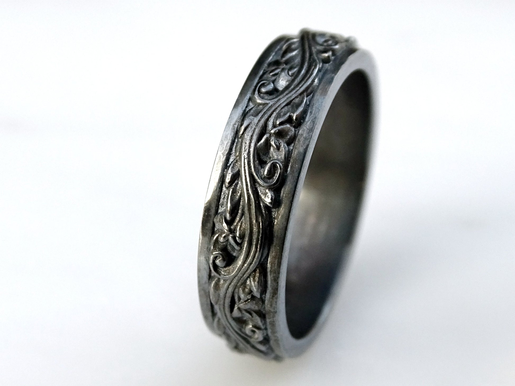 eternity ring, floral engagement ring black silver, black flower ring, pagan wedding ring, floral promise ring, flower eternity ring, unique gift for her - CrazyAss Jewelry Designs