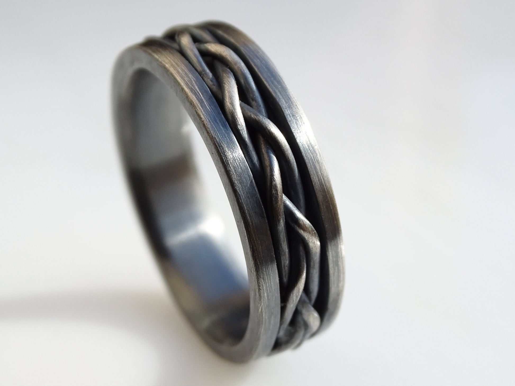 braided wedding band black silver, woven men's ring