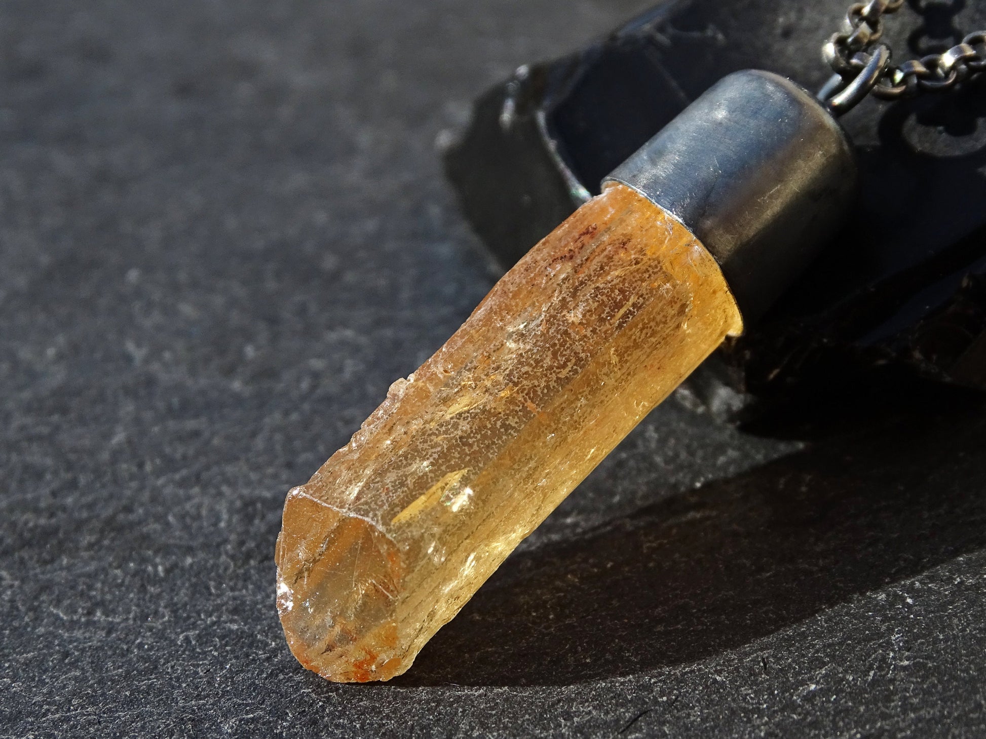 golden Imperial Topaz crystal pendant black silver