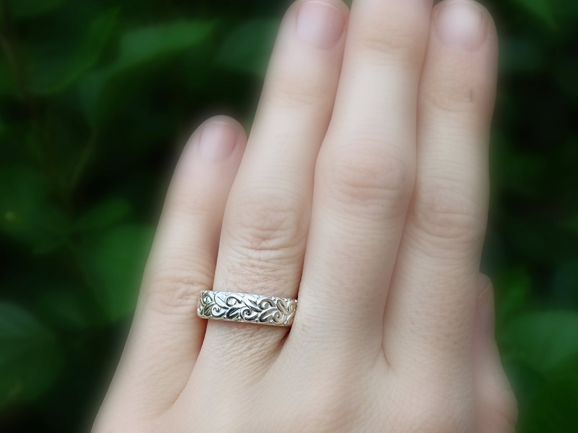 nature engagement ring silver, viking wedding ring silver, sculped silver band, floral wedding band silver eternity ring unique gift for her - CrazyAss Jewelry Designs