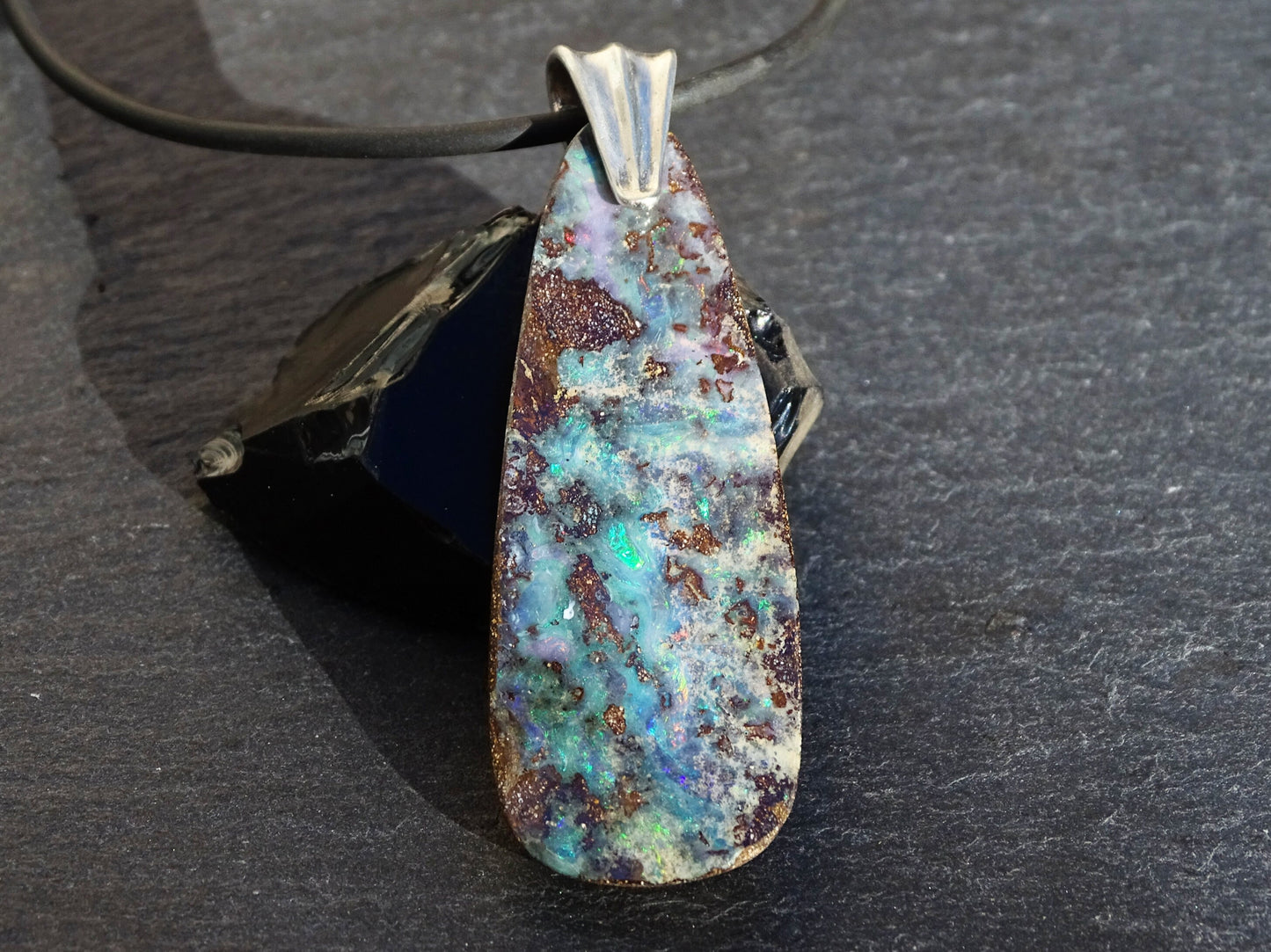 large rainbow Australian boulder opal pendant - CrazyAss Jewelry Designs