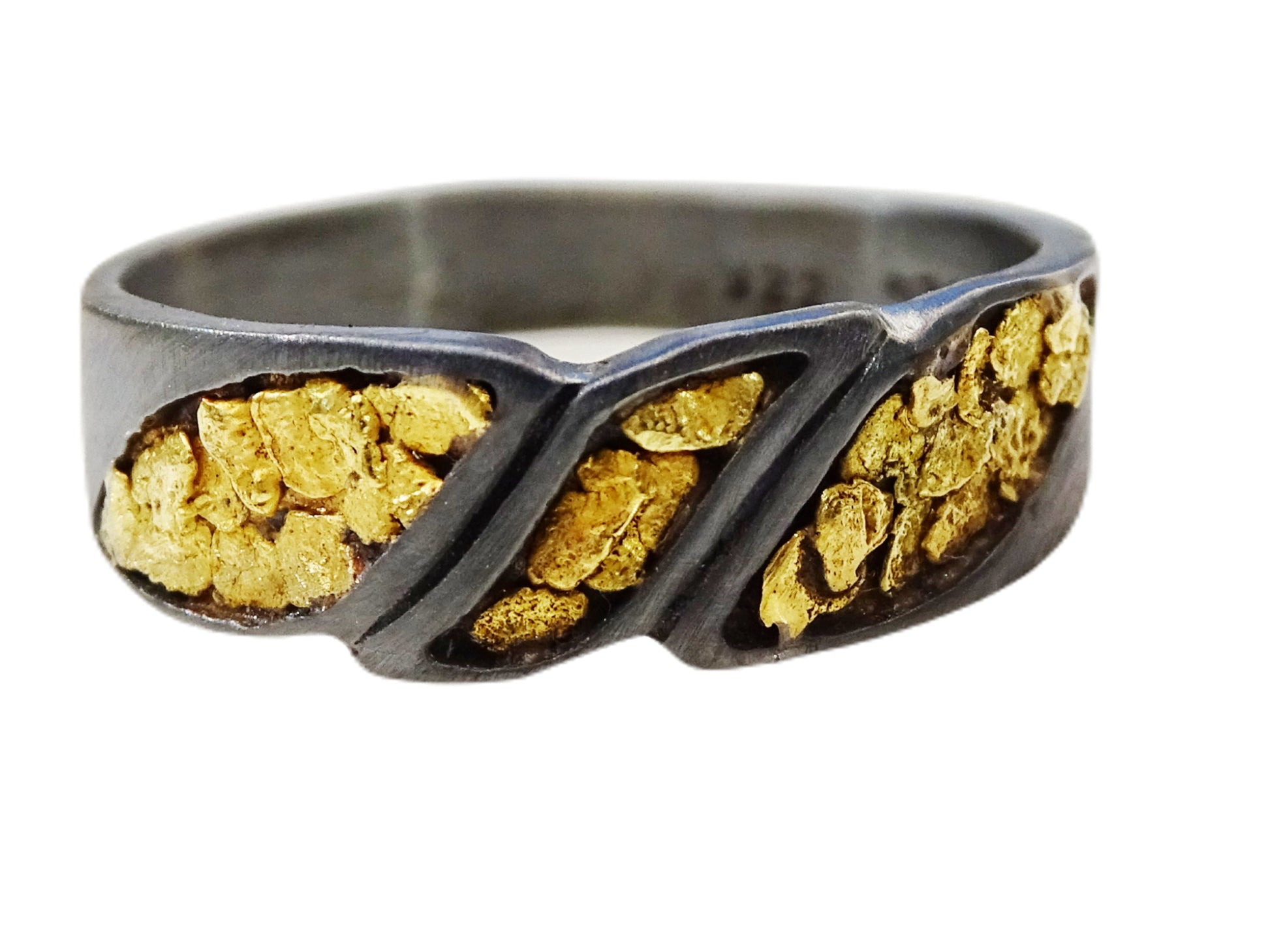 mens gold nugget ring black silver, real gold nugget ring, gold nugget wedding band, Alaska gold nugget ring for men, unique gift for him - CrazyAss Jewelry Designs