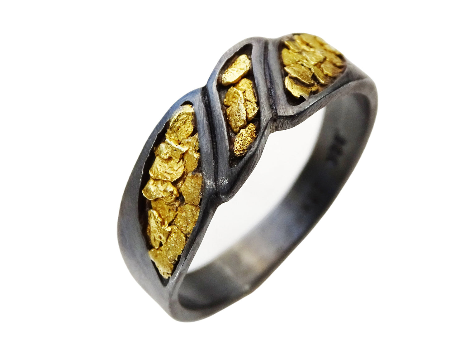 mens gold nugget ring black silver, real gold nugget ring, gold nugget wedding band, Alaska gold nugget ring for men, unique gift for him - CrazyAss Jewelry Designs