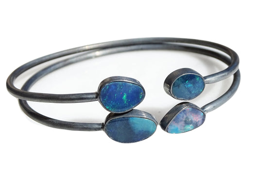 dainty opal bracelet black silver opal cuff bracelet, stacking bangle silver opal bangle, Australian opal jewelry, unique gift for wife - CrazyAss Jewelry Designs