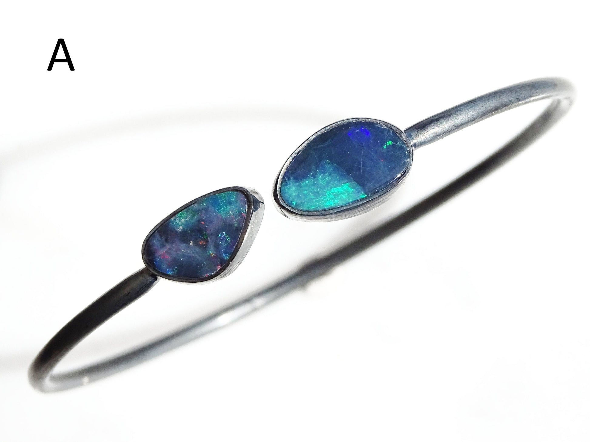 dainty opal bracelet black silver opal cuff bracelet, stacking bangle silver opal bangle, Australian opal jewelry, unique gift for wife - CrazyAss Jewelry Designs