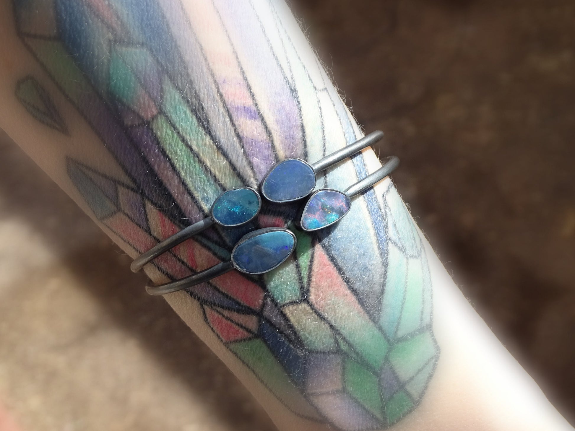 dainty opal bracelet black silver opal cuff bracelet, stacking bangle silver opal bangle, Australian opal jewelry, unique gift for wife - CrazyAss Jewelry Designs