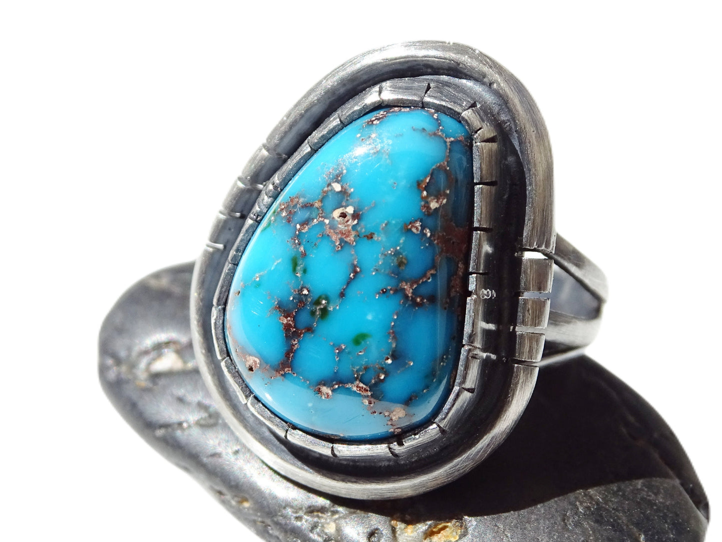 black silver turquoise ring, Morenci turquoise band, blue turquoise ring silver, shadowbox ring silver anniversary gift, unique gift for her - CrazyAss Jewelry Designs