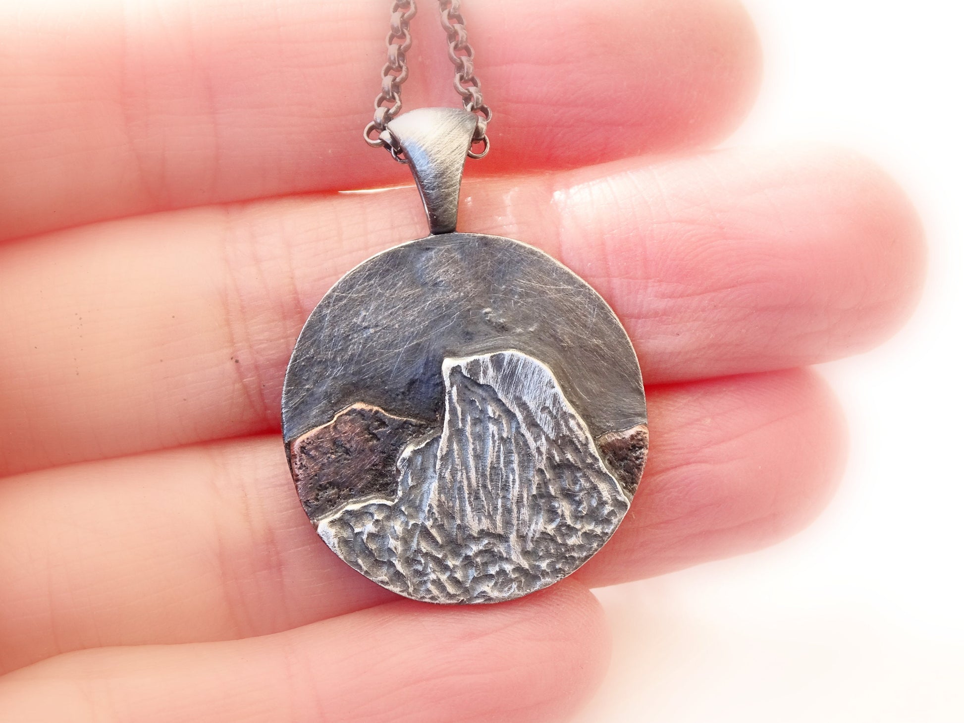 large silver Yosemite pendant, mountain range pendant, mixed metal national park pendant, landscape amulet necklace for him, unique gift - CrazyAss Jewelry Designs