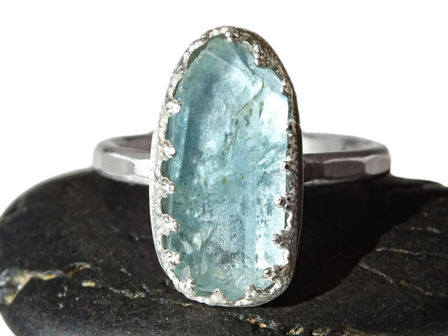 raw aquamarine ring silver, uncut gemstone ring, birthstone gift for women