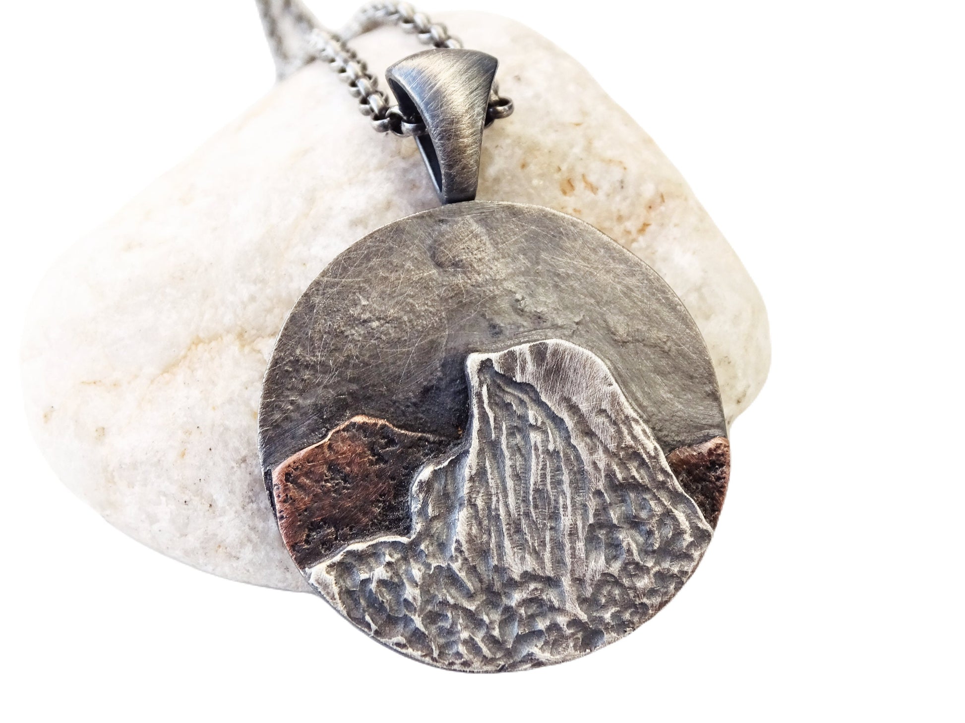 large silver Yosemite pendant, mountain range pendant, mixed metal national park pendant, landscape amulet necklace for him, unique gift - CrazyAss Jewelry Designs