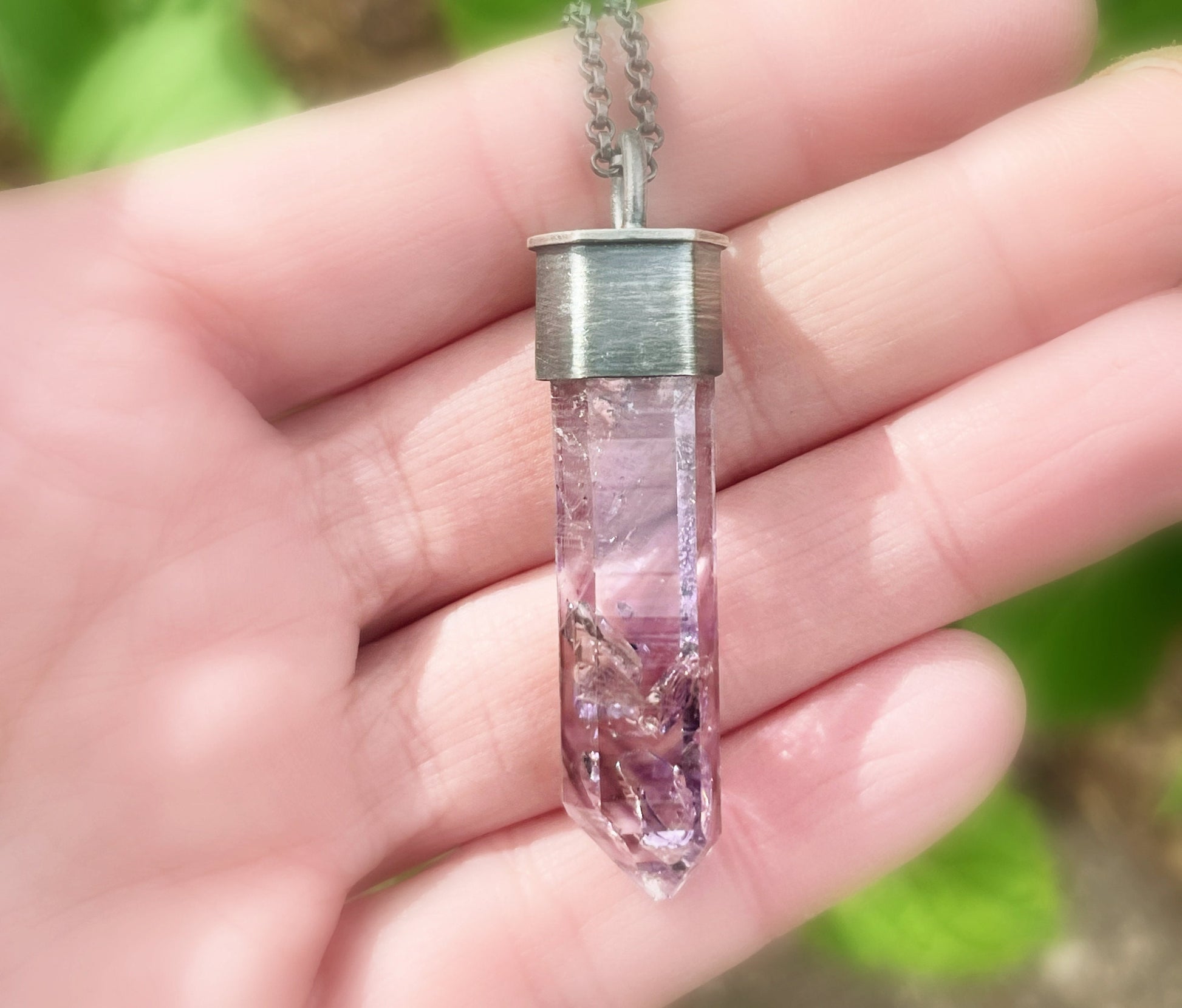 Uncut amethyst phantom crystal pendant, set in dark oxidized sterling silver. Amethyst is a February Birthstone and a traditional gift for your 4th, 6th and 17th ann