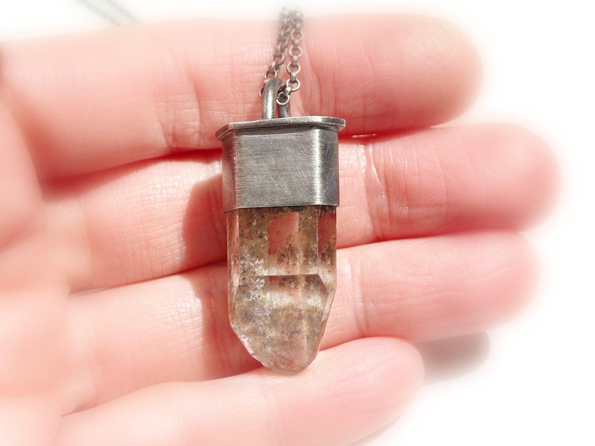 faceted garden quartz pendant, inclusion quartz crystal necklace, uncut crystal pendant, lodolite crystal jewelry, unique men's jewelry - CrazyAss Jewelry Designs