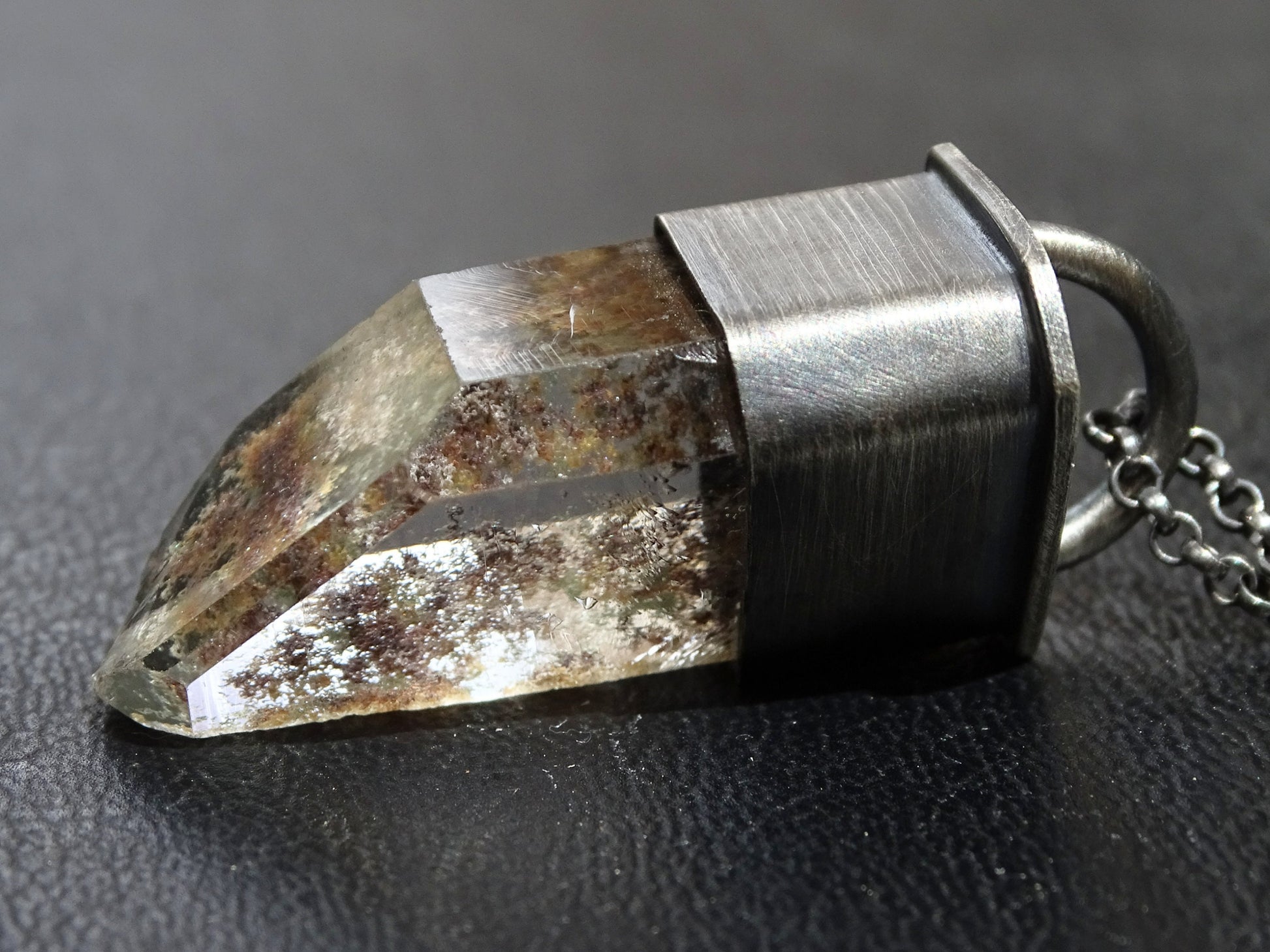 faceted garden quartz pendant, inclusion quartz crystal necklace, uncut crystal pendant, lodolite crystal jewelry, unique men's jewelry - CrazyAss Jewelry Designs