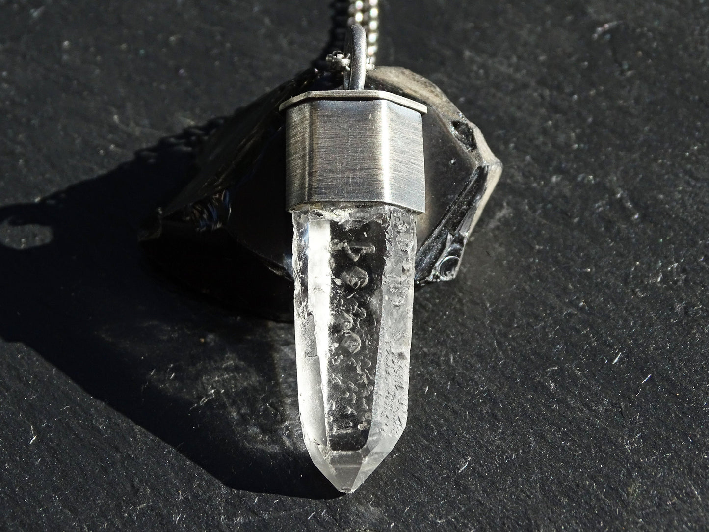 clear quartz necklace black silver, mens crystal necklace, Viking necklace for men, big crystal pendant, raw crystal necklace, gift for him - CrazyAss Jewelry Designs