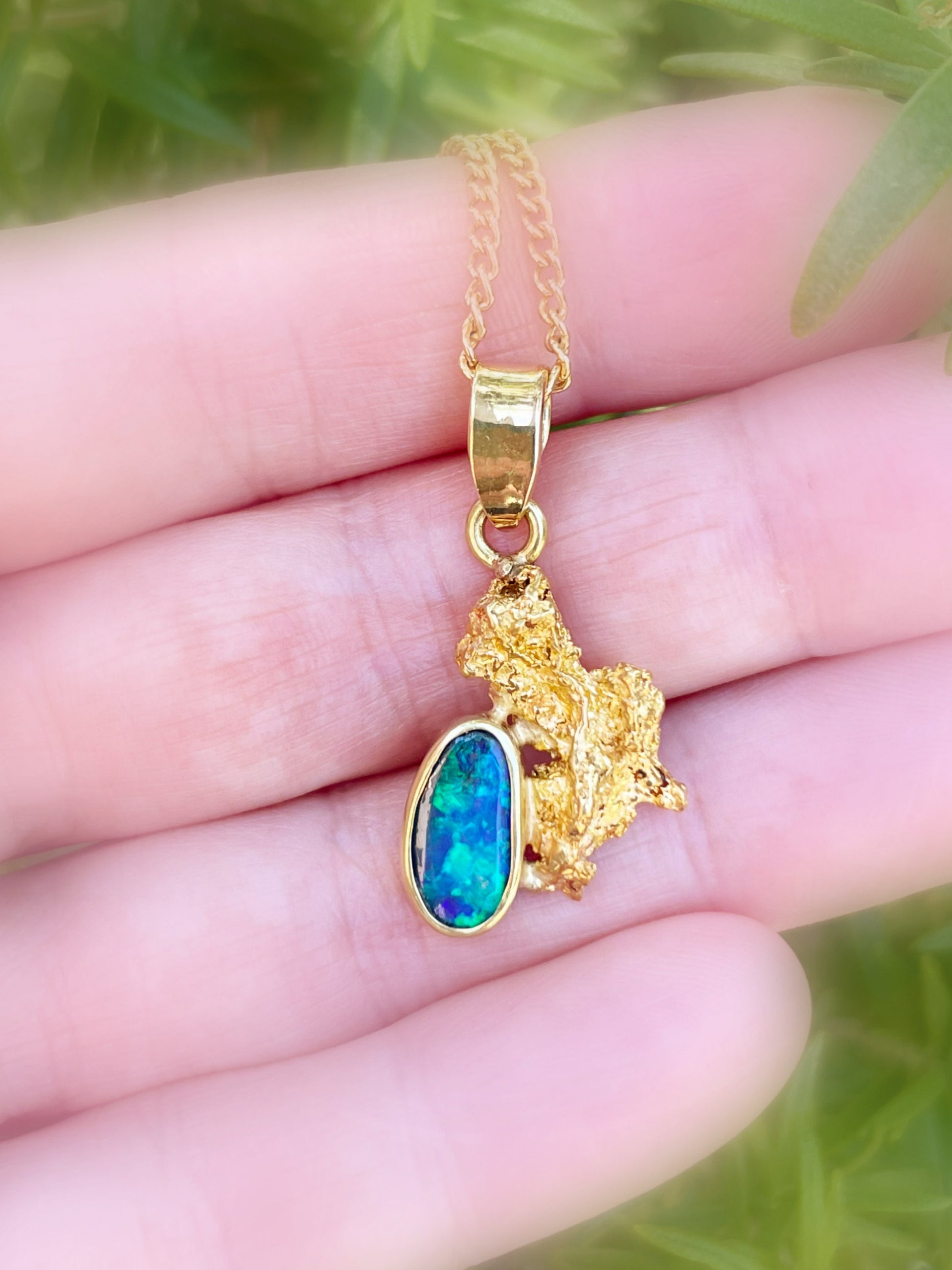 Alaska gold nugget pendant, adorned with a blue and green Australian opal gemstone. Stunning gift for all lovers of Nature's creations and the Great Outdoors, as wel