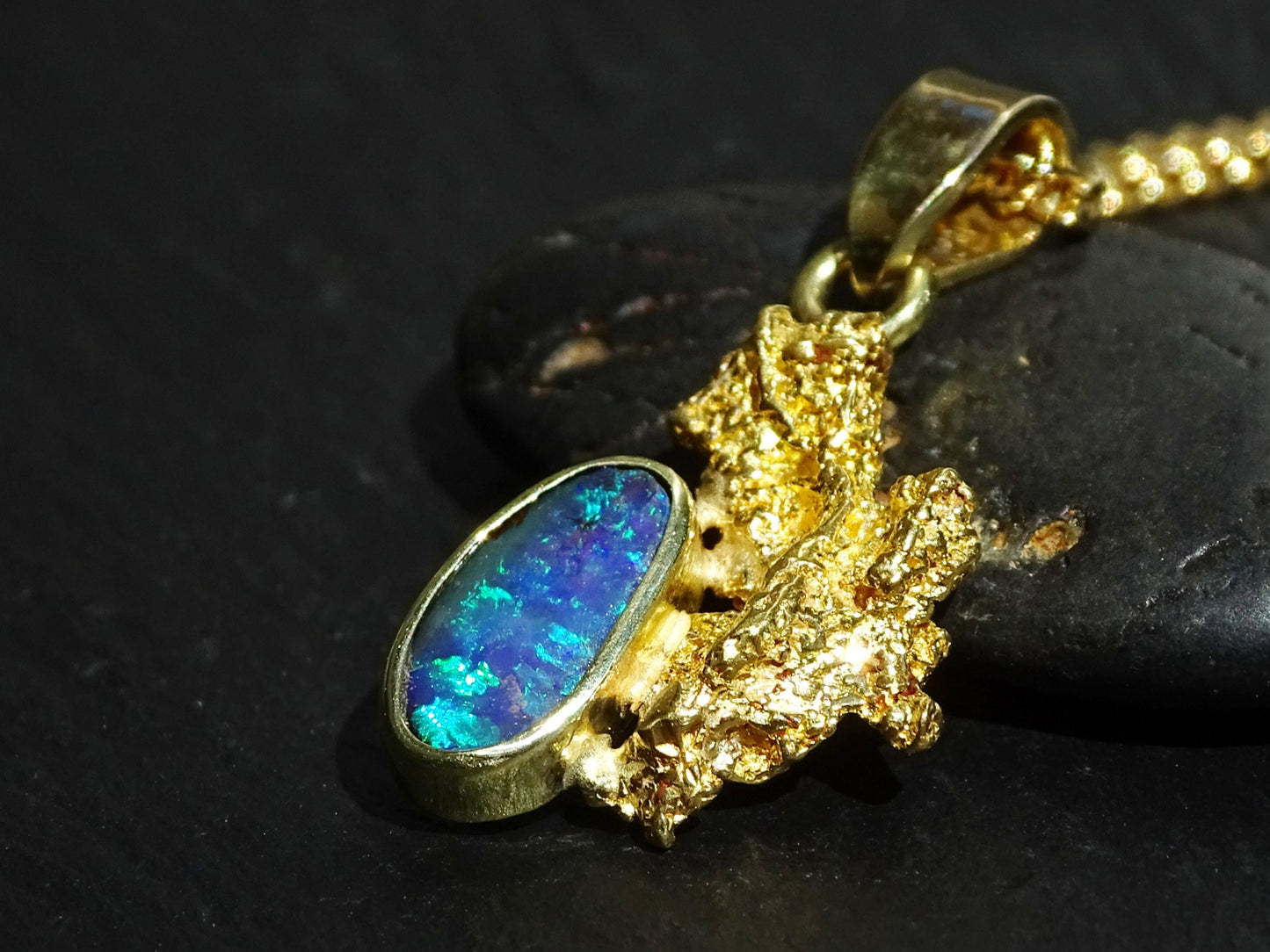 Alaska gold nugget pendant, adorned with a blue and green Australian opal gemstone. Stunning gift for all lovers of Nature's creations and the Great Outdoors, as wel