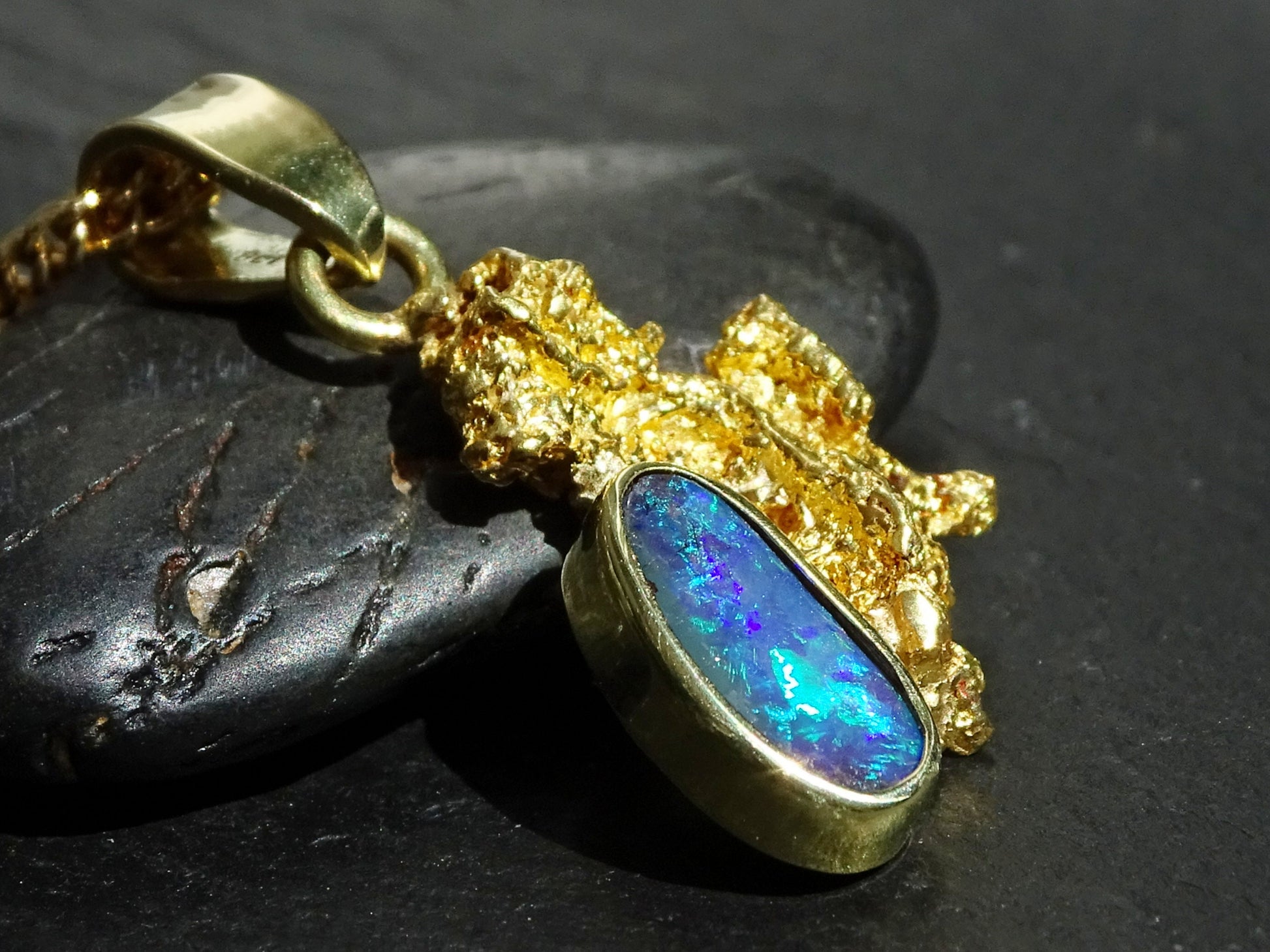 Alaska gold nugget pendant, adorned with a blue and green Australian opal gemstone. Stunning gift for all lovers of Nature's creations and the Great Outdoors, as wel