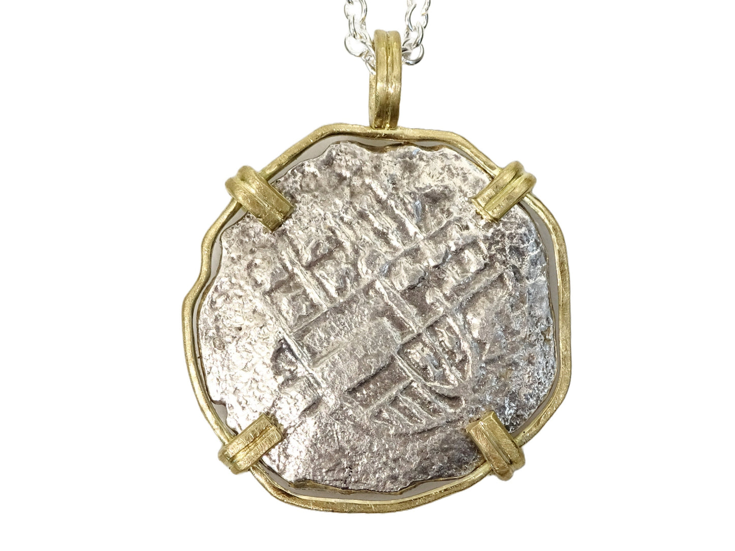 genuine Atocha shipwreck silver coin in 18k gold setting - CrazyAss Jewelry Designs