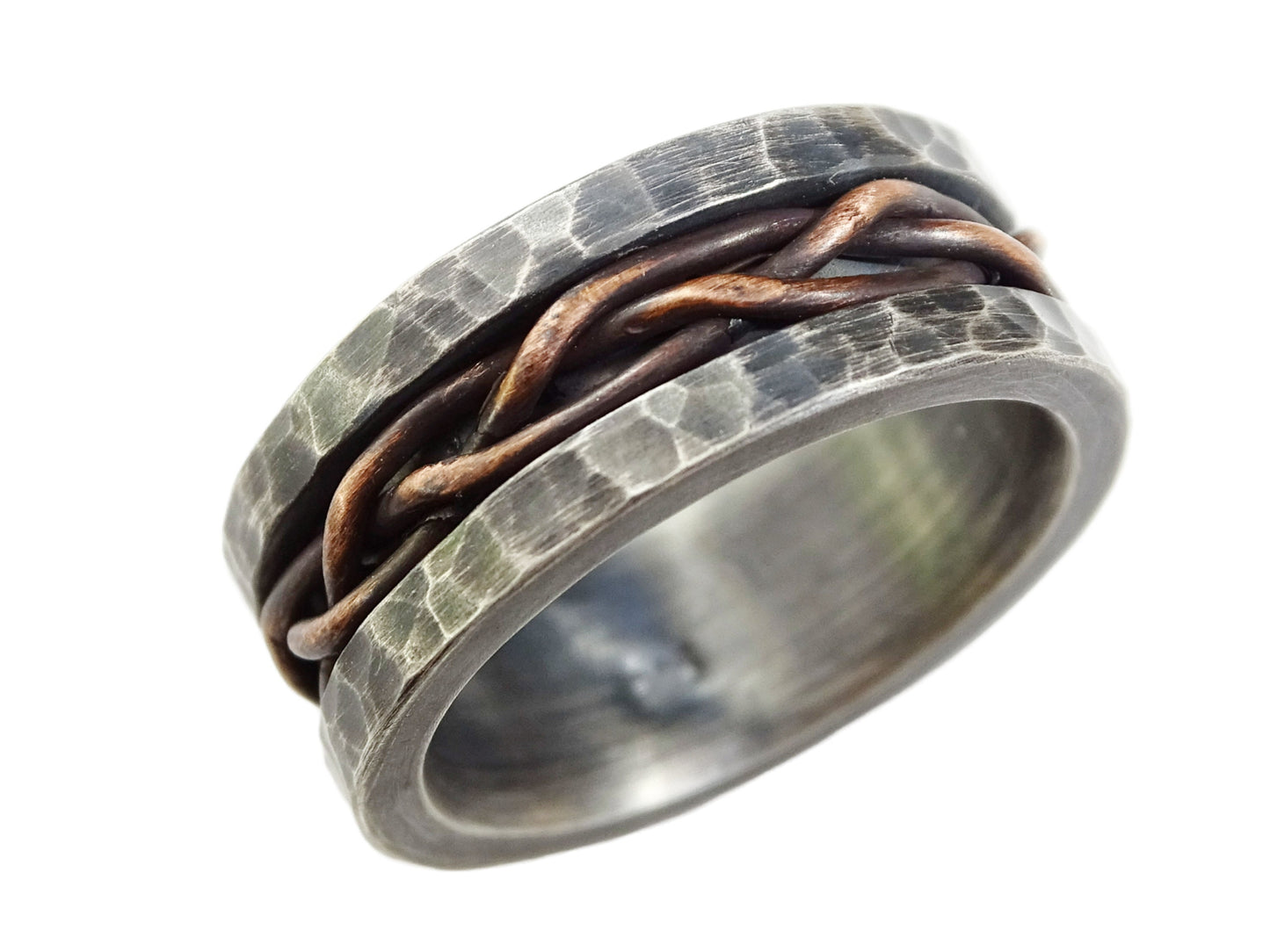 braided men's wedding ring hand woven copper inlay silver band