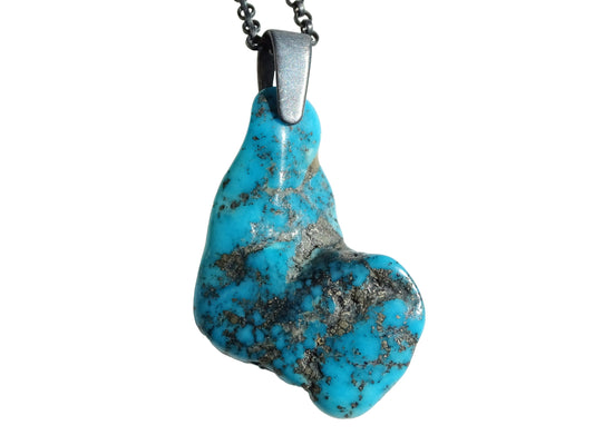 real Bisbee turquoise nugget pendant, rare turquoise pyrite pendant black silver, raw turquoise men's necklace, unique gift for him - CrazyAss Jewelry Designs