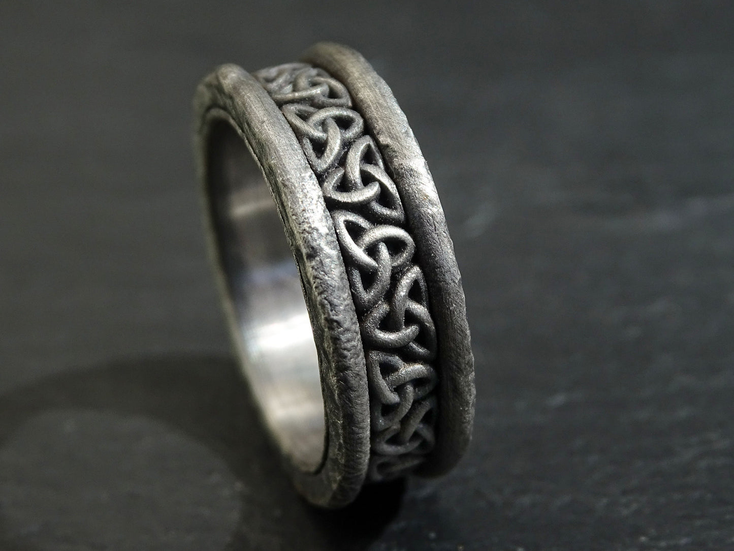 unique celtic knot black sterling silver ring, men's rustic wedding band - CrazyAss Jewelry Designs