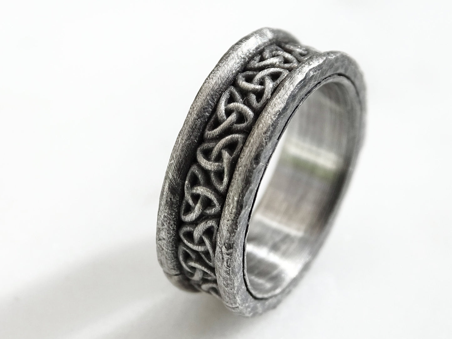 unique celtic knot black sterling silver ring, men's rustic wedding band - CrazyAss Jewelry Designs