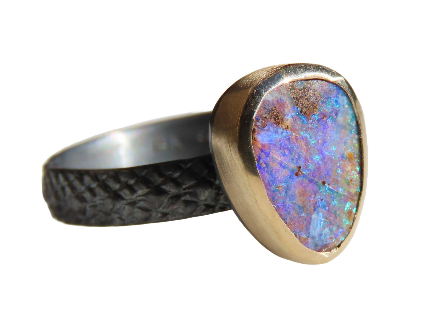 rainbow boulder opal ring black sterling silver, opal engagement ring, gold silver opal ring, unique opal stacking ring, unique gift for her - CrazyAss Jewelry Designs