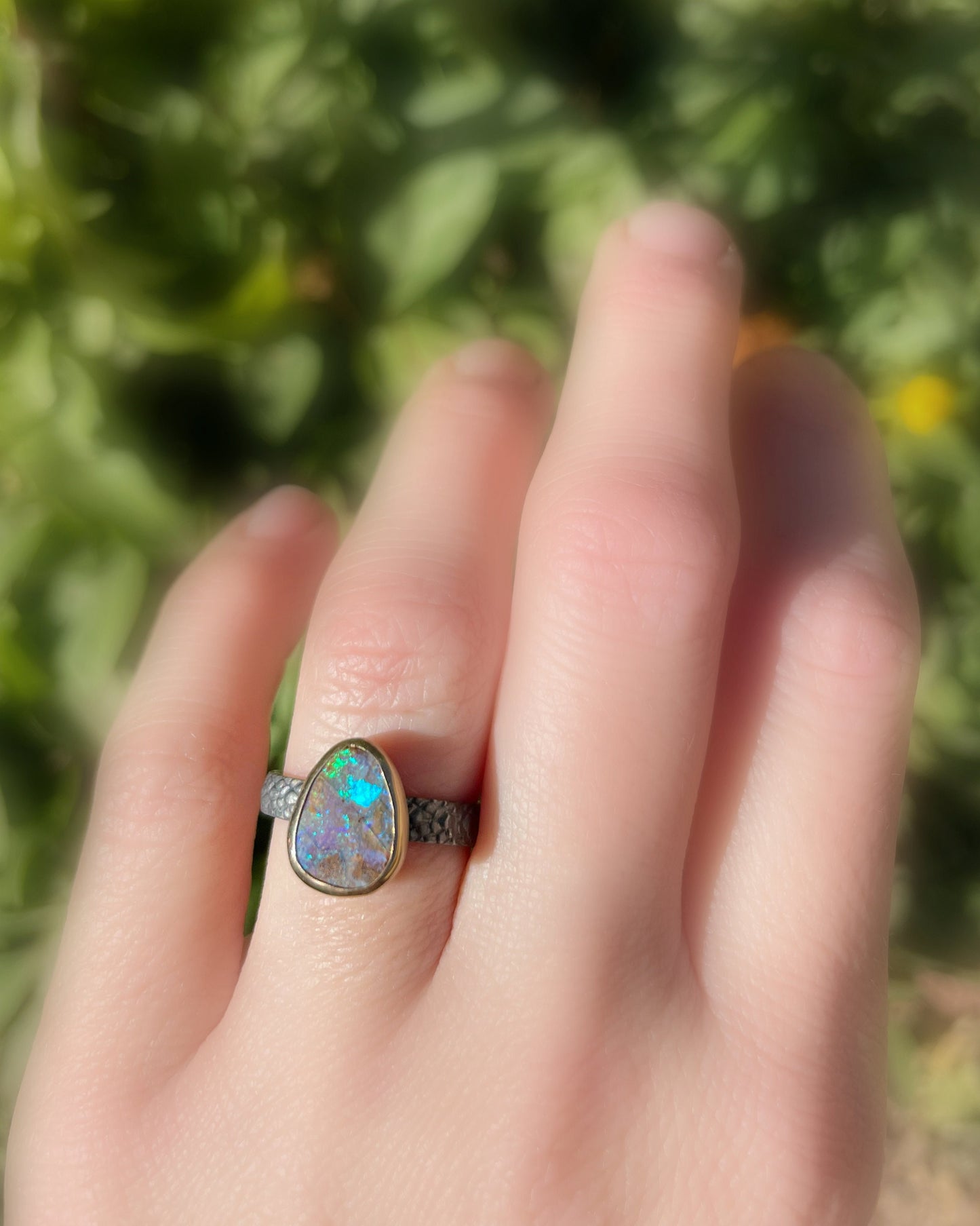 rainbow boulder opal ring black sterling silver, opal engagement ring, gold silver opal ring, unique opal stacking ring, unique gift for her - CrazyAss Jewelry Designs