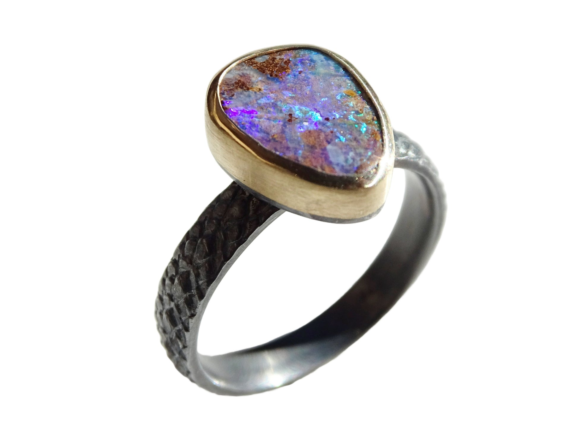 rainbow boulder opal ring black sterling silver, opal engagement ring, gold silver opal ring, unique opal stacking ring, unique gift for her - CrazyAss Jewelry Designs