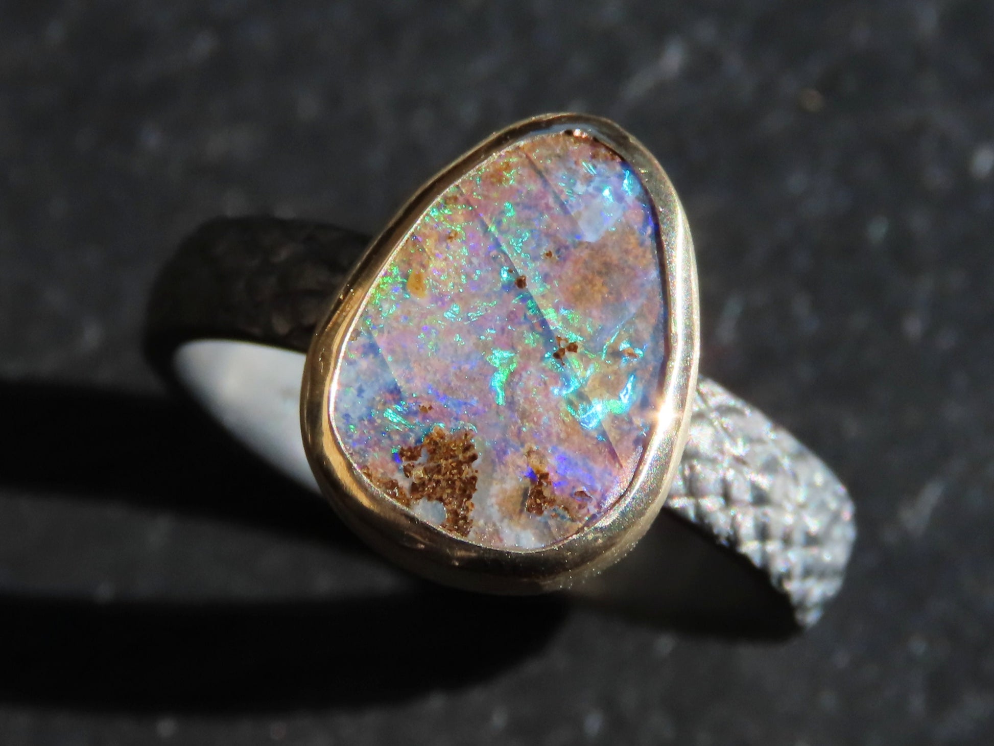 rainbow boulder opal ring black sterling silver, opal engagement ring, gold silver opal ring, unique opal stacking ring, unique gift for her - CrazyAss Jewelry Designs