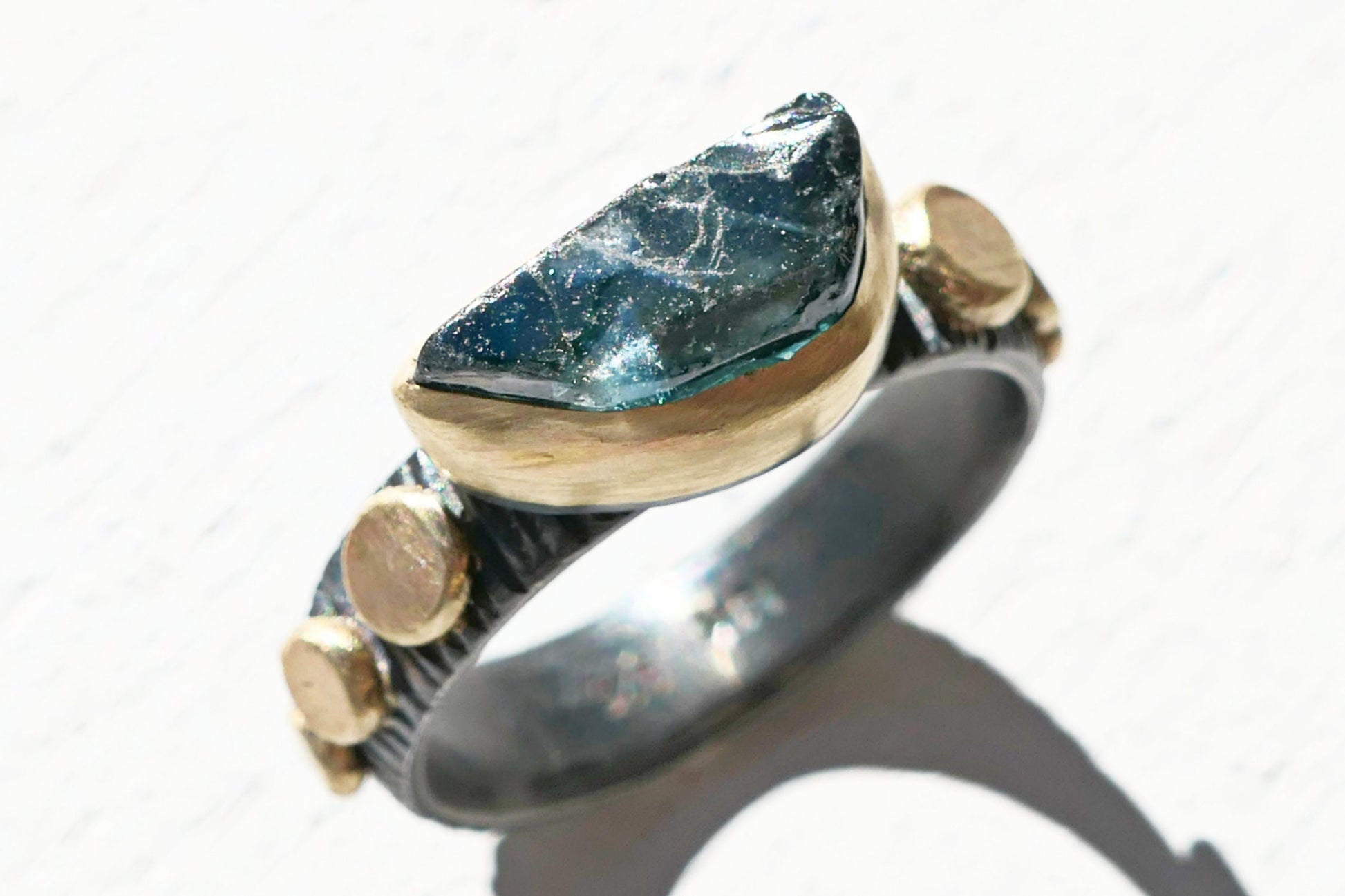 blue sapphire engagement ring in 14k gold and black silver, size 7 1/4 - CrazyAss Jewelry Designs